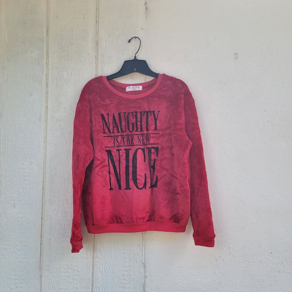Wound Up Sweatshirt Christmas Fuzzy Naughty Is The New Nice Red Holiday L (11-13